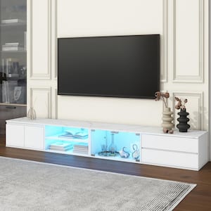 White Modern LED TV Stand Fits TVs up to 105 in. with Faux Marble Tabletop, Tempered Glass Doors, 2-Drawers and Cabinet