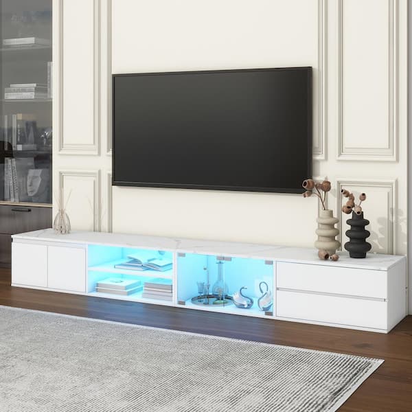 Harper & Bright Designs White Modern LED TV Stand Fits TVs up to 105 in. with Faux Marble Tabletop, Tempered Glass Doors, 2-Drawers and Cabinet