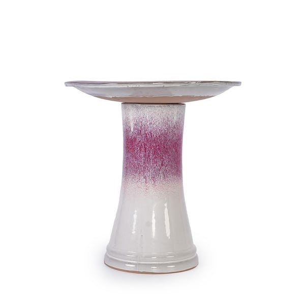 Barnaby 18.12 in. Tall White and Pink Round Ceramic Patio Outdoor Birdbath