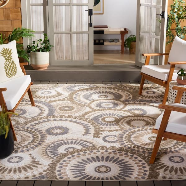 Cabana 10 ft. x 14 ft. Gray/Ivory Medallion Floral Indoor/Outdoor Area Rug