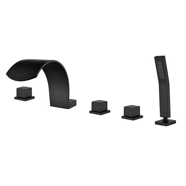 3-Handle Waterfall Deck-Mount Roman Tub Faucet with Hand Shower Modern Brass 5 Hole Bathtub Faucets in Matte Black