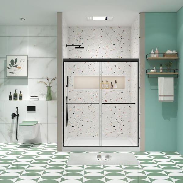 Pilas 60 in. W x 70 in. H Sliding Framed Shower Door in Black with 1/4 in. (6 mm) Clear Glass