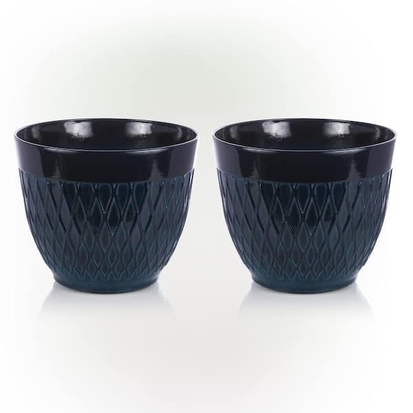Alpine Corporation Indoor/Outdoor Resin Stone-look Planters with Drainage Holes, Blue (Set of 2)
