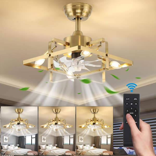 9.84 in. Farmhouse Gold Flush Mount Ceiling Fan with Light Industrial Fandelier Fan with Remote Reversible Fan Blades