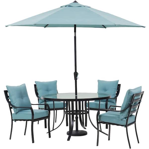 Hanover Lavallette 5 Piece Steel Outdoor Dining Set With Ocean Blues Cushions Chairs Glass Top Table Umbrella And Base Lavdn5pcrd Blu Su The Home Depot - Patio Dining Sets With Umbrella Home Depot