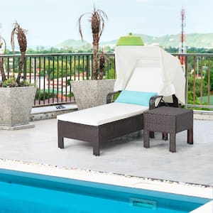 2-Pieces Wicker Patio Conversation Set Rattan Lounge Chair with Side Table Folding Canopy Cushion Pillow in Off White