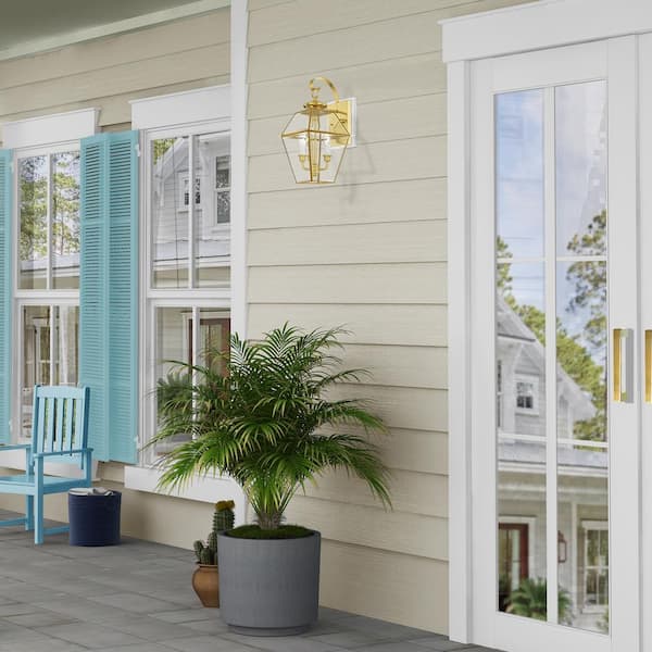 Ainsworth 16.5 in. 2-Light Polished Brass Outdoor Hardwired Wall Lantern Sconce with No Bulbs Included