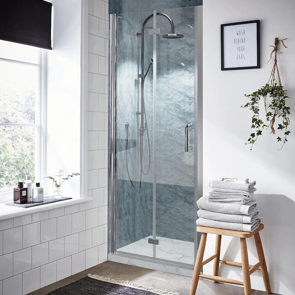 30 in. W x 72 in. H BiFold Frameless Shower Door in Chrome with Clear Glass