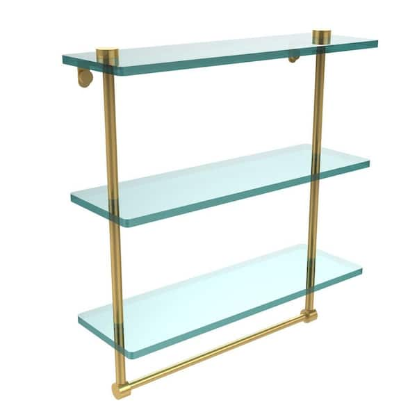 Allied Brass 16 in. L x 18 in. H x 5 in. W 3-Tier Clear Glass Bathroom Shelf with Towel Bar in Polished Brass