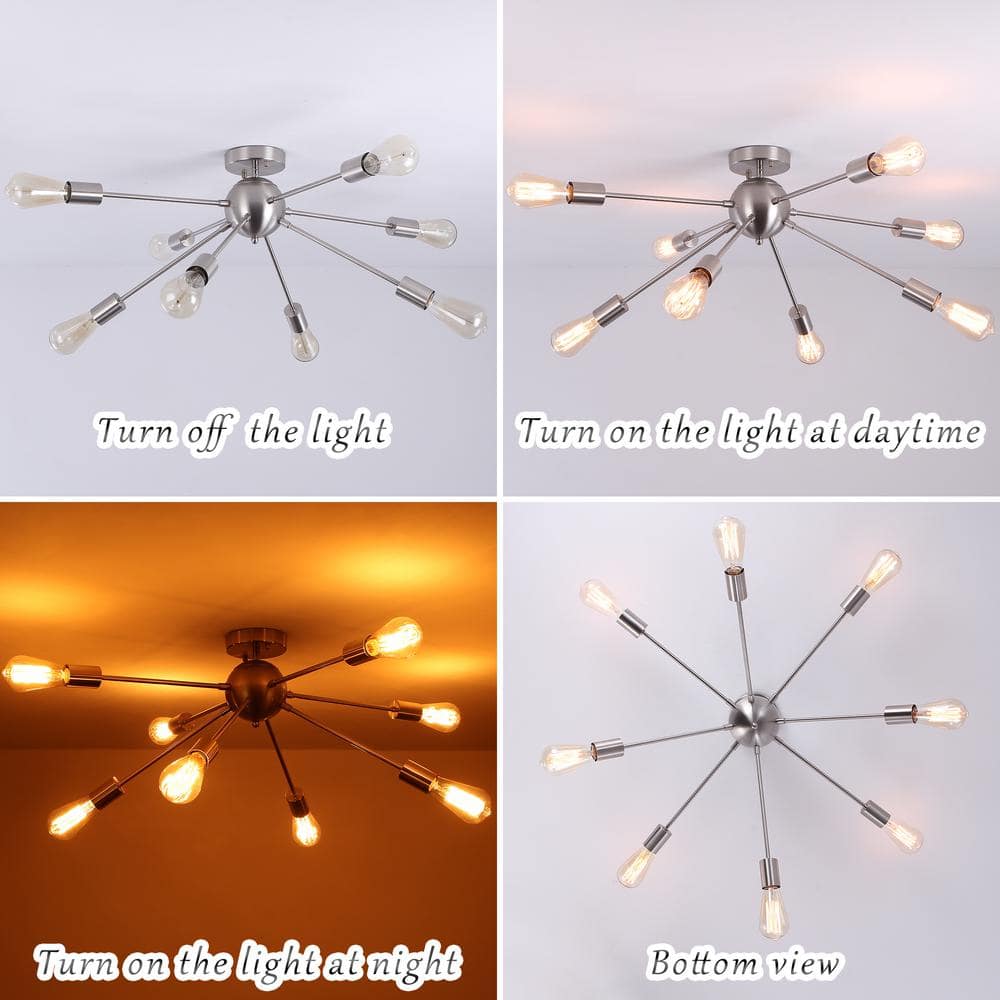 Nickel 8-Light Geometric Sputnik Semi Flush Mount Chandelier