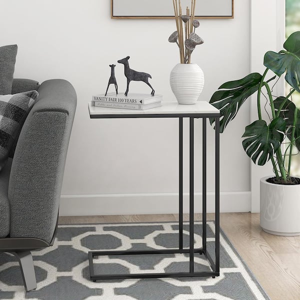 Maypex 18.9 in. W x 11.8 in. D Rectangular White Marble C Table and Accent Table with Matte Black Base