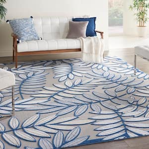 Aloha Ivory/Navy 10 ft. x 13 ft. Floral Contemporary Indoor/Outdoor Patio Area Rug