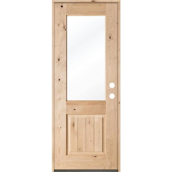 Krosswood Doors 32 in. x 96 in. Rustic Half-Lite Clear Low-E IG Unfinished Wood Alder V-Grooved Left-Hand Inswing Prehung Front Door