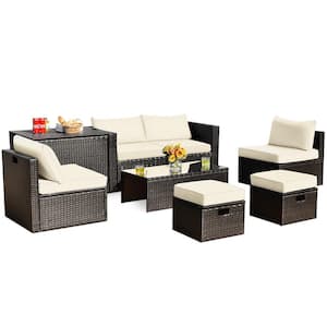 8-Pieces Wicker Patio Sectional Seating Set Rattan Furniture Set with White Cushions, Storage Box and Waterproof Cover