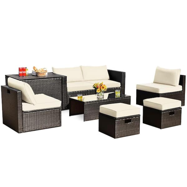 FORCLOVER 8-Pieces Wicker Patio Sectional Seating Set Rattan Furniture Set with White Cushions, Storage Box and Waterproof Cover