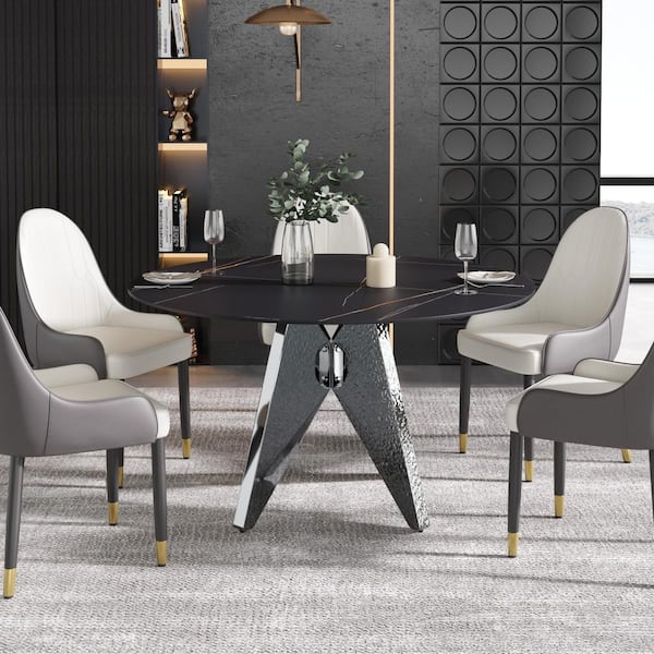Magic Home 53.1 in. Black Round Sintered Stone Tabletop Silver Pedestal Base Kitchen Dining Table (Seats-6)