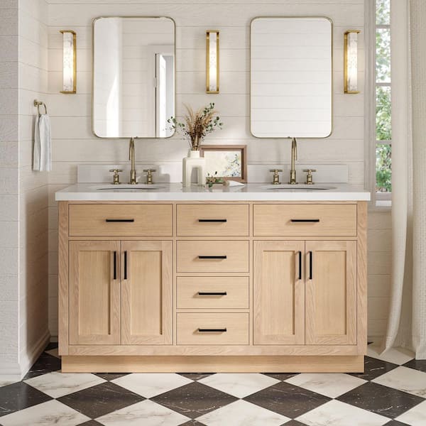 ARIEL Hepburn 60 in. Double Sink Freestanding Bathroom Vanity in Oak with Pure White Quartz Top