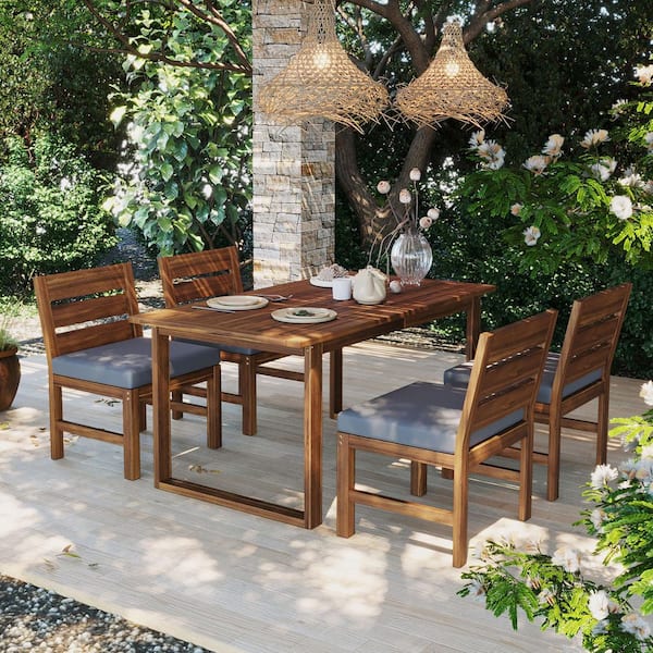 5-Piece Acacia Wood Outdoor Dining Set with Gray Cushions, Farmhouse Table and 4 Chairs for Patio, Garden, Deck
