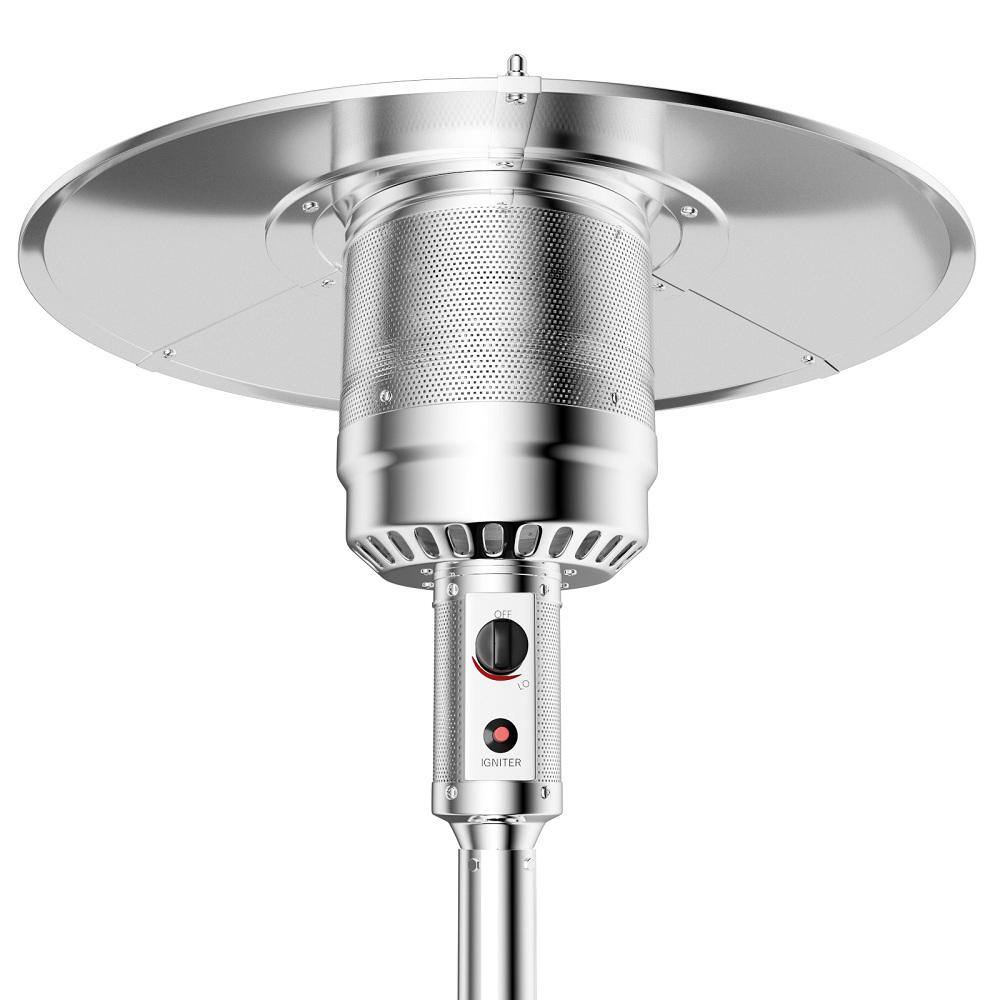 Silver Freestanding Propane Patio Heater with Rolling Wheels and Table