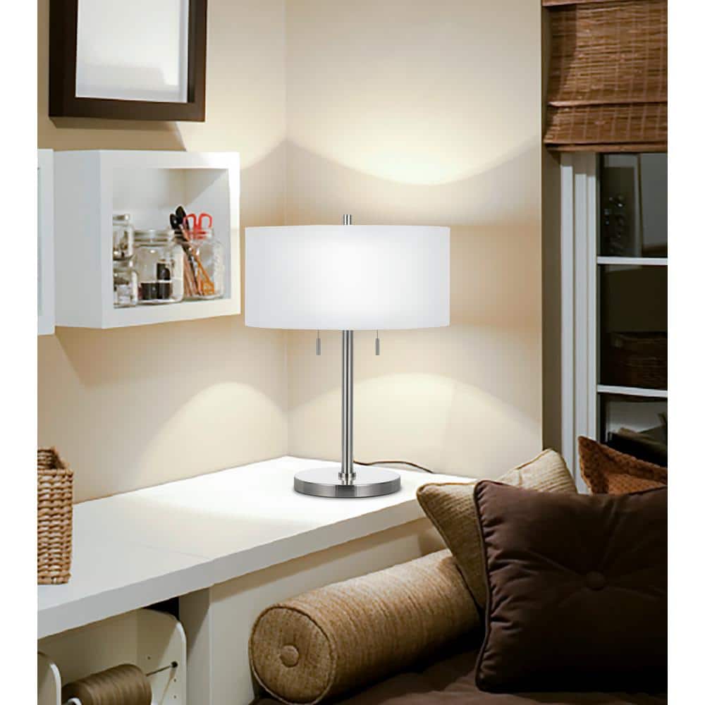 24" Nickel Metal Two Light Table Lamp with White Linen Shade