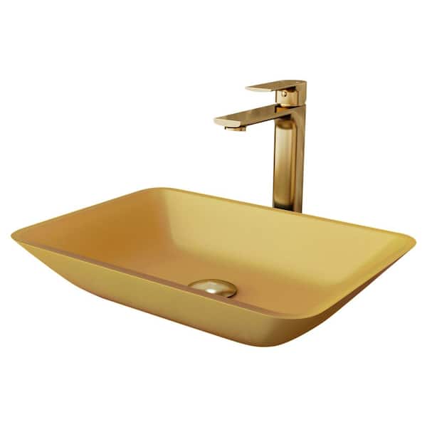 VIGO Matte Shell Sottile Glass Rectangular Vessel Bathroom Sink in Gold with Norfolk Faucet and Pop-Up Drain in Matte Gold