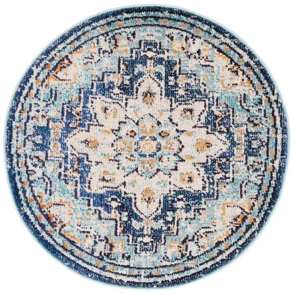 Madison Blue/Light Blue 4 ft. x 4 ft. Distressed Border Round Area Rug