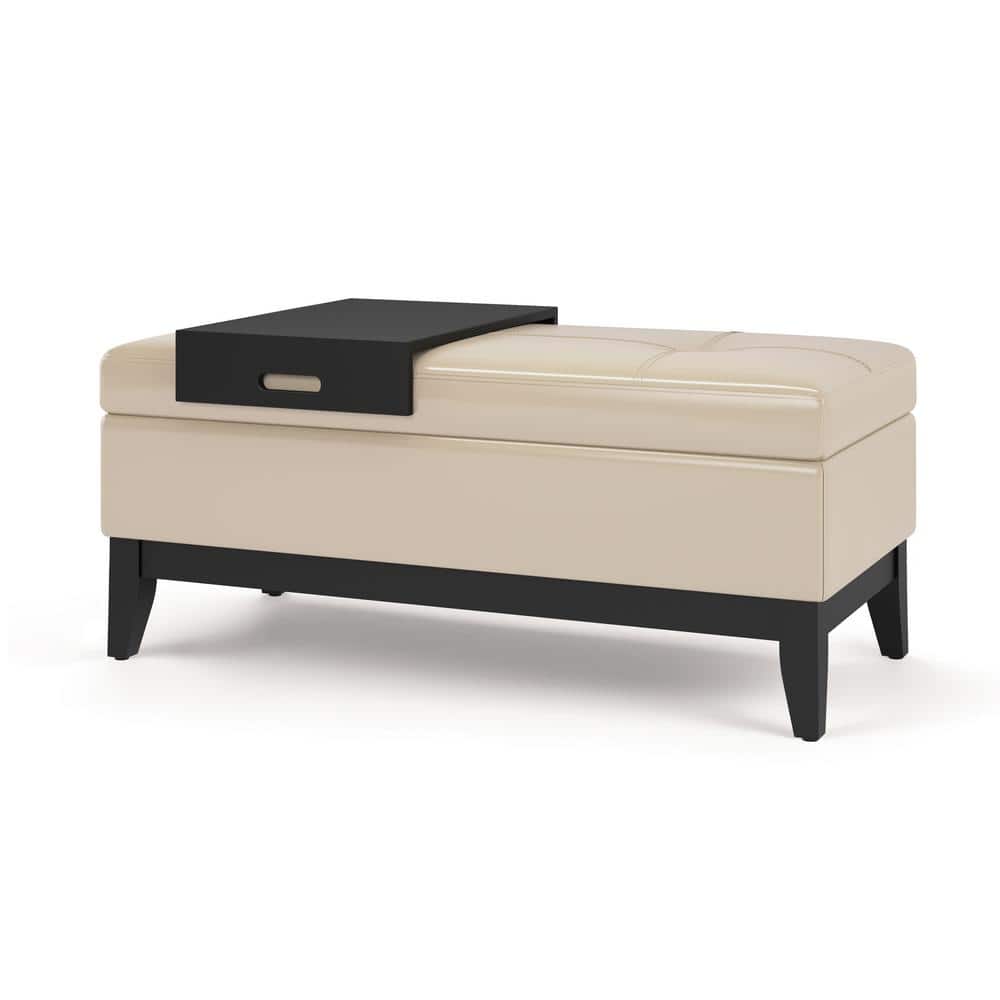 Satin Cream Tufted Faux Leather Footstool with Wooden Tray