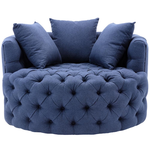 KINWELL 42.5 in. W Navy Tufted Linen Swivel Barrel Chair