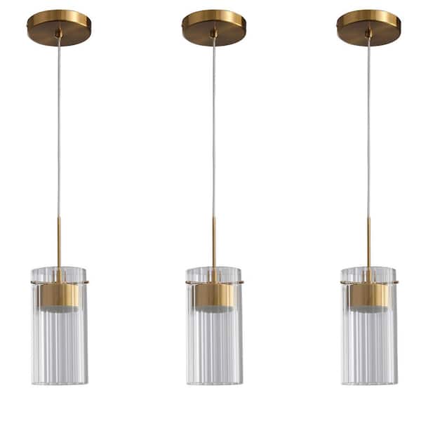 7-Watt 3 Light Gold Integrated LED Pendant Light with Cylindrical Glass Shade For Kitchen Island (Set of 3）
