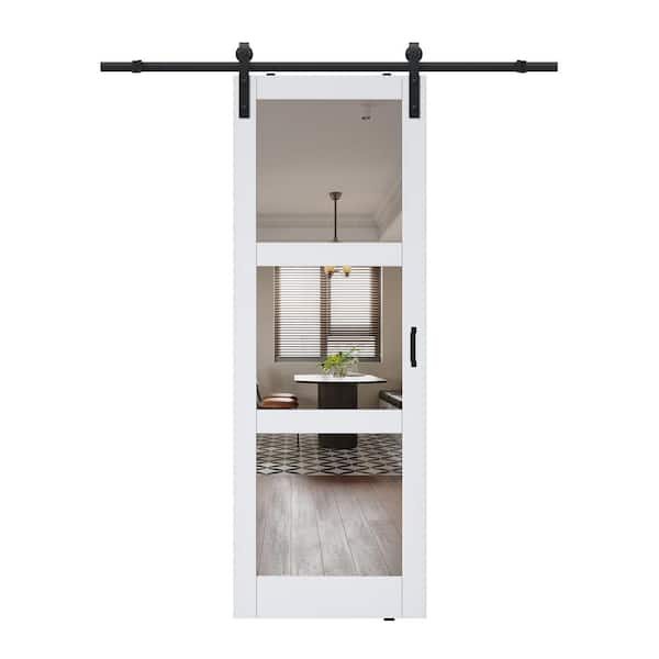 ARK DESIGN 30 in. x 84 in. 3-Lite Mirrored Glass White Finished Composite MDF Barn Door Slab with Hardware Kit