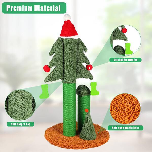Tatayosi 32 in. Tall Christmas Tree Cat Scratching Post with 3 Posts and Dangling Teaser Balls for Kitty and Adult Cats