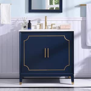 36 in. Solid Wood Freestanding Bath Vanity in Navy Blue, Carrara White Quartz Top with Sink, Soft-Close Door