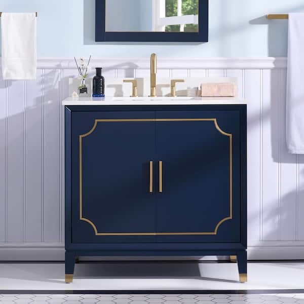 ANGELES HOME 36 in. W x 22 in. D x 35 in. H Solid Wood Bathroom Vanity in Navy Blue with Gold Trim, Quartz Top with Single Sink