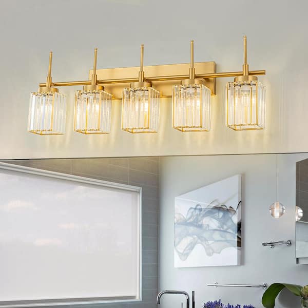 EDISLIVE Orillia 34.64 in. 5-Light Modern Industrial Gold Bathroom Vanity Light with Crystal Rectangular Shades