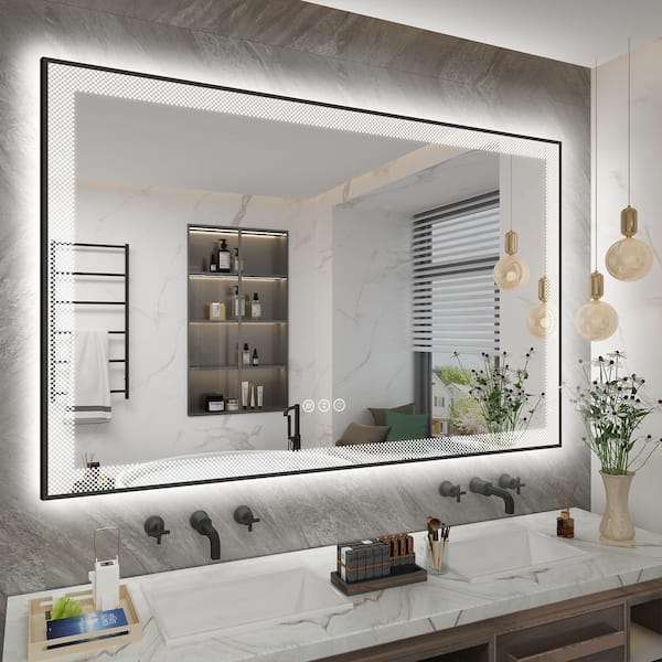 Apmir 55 in. W x 36 in. H Rectangular Framed Checkerboard LED Lighted Anti-Fog Tempered Glass Wall Bathroom Vanity Mirror