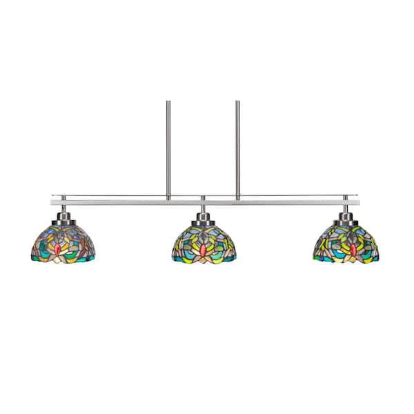 Unbranded Monroe 3-Light Brushed Nickel, Billiard Light, Any room with 7 in. Kaleidoscope Art Glass Shades no bulbs included