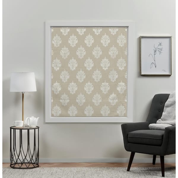 Marseilles Damask Natural Cordless Total Blackout Polyester Roman Shade 27 in. W x 64 in. L