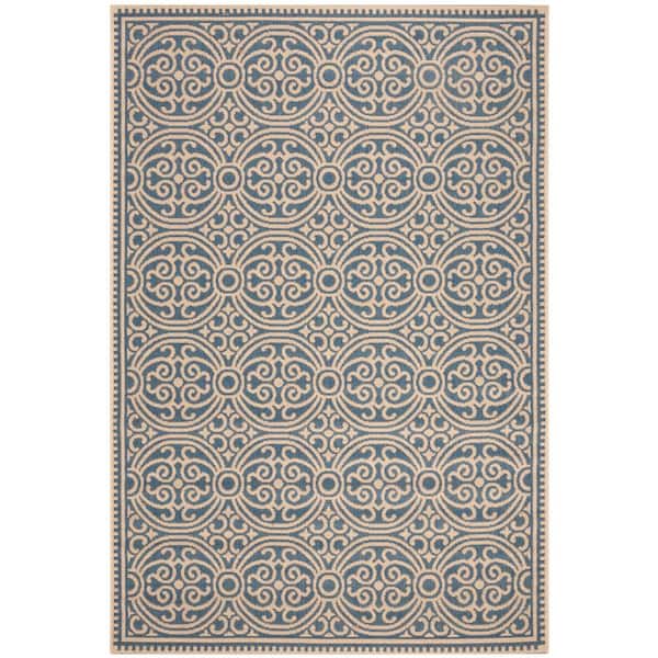 SAFAVIEH Beach House Cream/Blue Doormat 2 ft. x 4 ft. Floral Medallion Indoor/Outdoor Area Rug