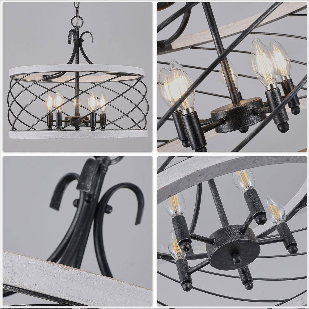 Distressed White and Black Wood Drum Chandelier with Adjustable Chain