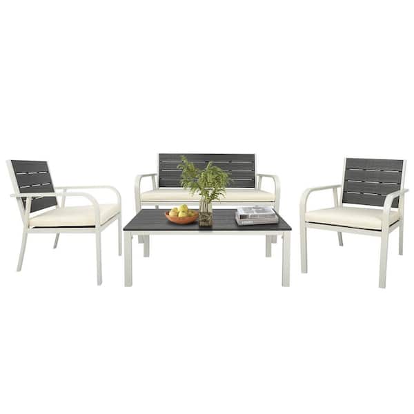 Unbranded 4-Pieces Patio Garden Sofa Conversation Set Wood Grain Design Loveseat All Weather Outdoor Furniture Set with Cushions