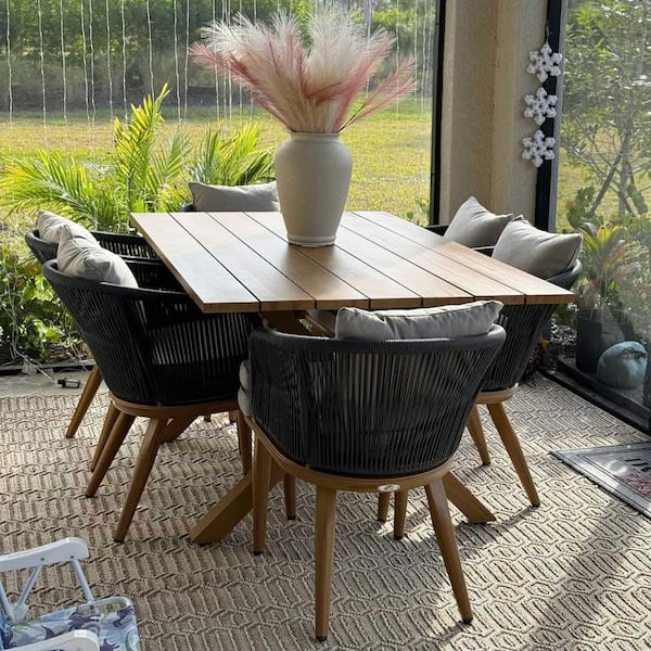 Teak-Finish 7-Piece Wicker Square Aluminum Frame Outdoor Dining Set and Pillows with Beige Cushions