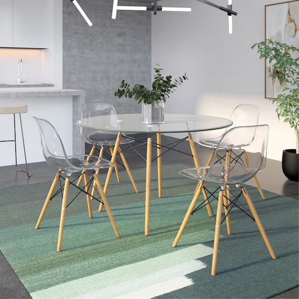 Leisuremod Dover Modern Dining Table 48 in. Round Clear Glass Tabletop with Beech Wood Legs Seats 4