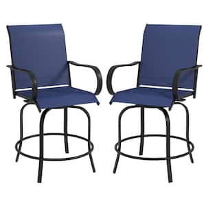 2-Piece Navy Blue 360° Swivel Metal Outdoor Bar Stool with Armrests for Balcony Poolside Backyard