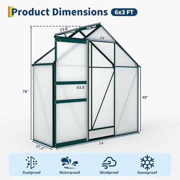 homfan 6x3 FT Heavy Duty Polycarbonate Greenhouse, Aluminum Frame