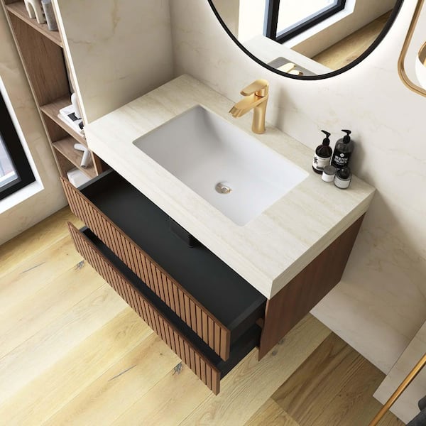 Yingze 36 in. Wall-Mounted Single Sink Brown Oak Bath Vanity with