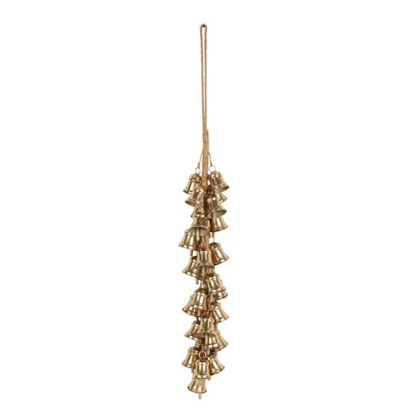 Litton Lane 7 in. x 47 in. Gold Metal Long Cluster Decorative Bells with Jute Hanging Rope