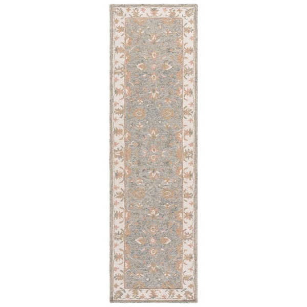 Heritage 2 ft. x 8 ft. Gray/Ivory Border Ornate Floral Runner Rug