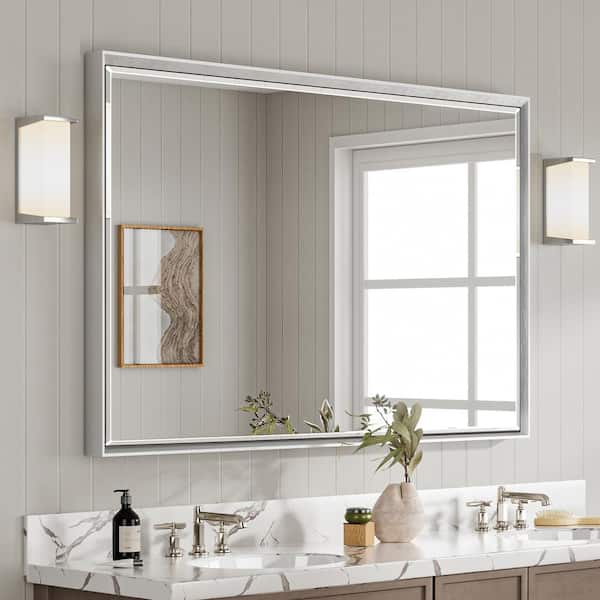 48 in. W x 36 in. H Rectangular Framed Aluminum Beveled Edge Wall Mount Bathroom Vanity Mirror in Brushed Silver