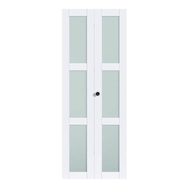 32 in. x 80 in. 3 Lite Tempered Frosted Glass Solid Core White Finished MDF Bi-fold Door with Hardware Kit