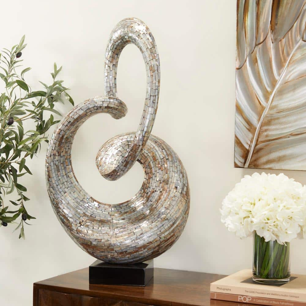 Litton Lane Gray Mother of Pearl Swirl Abstract Sculpture with Black Base